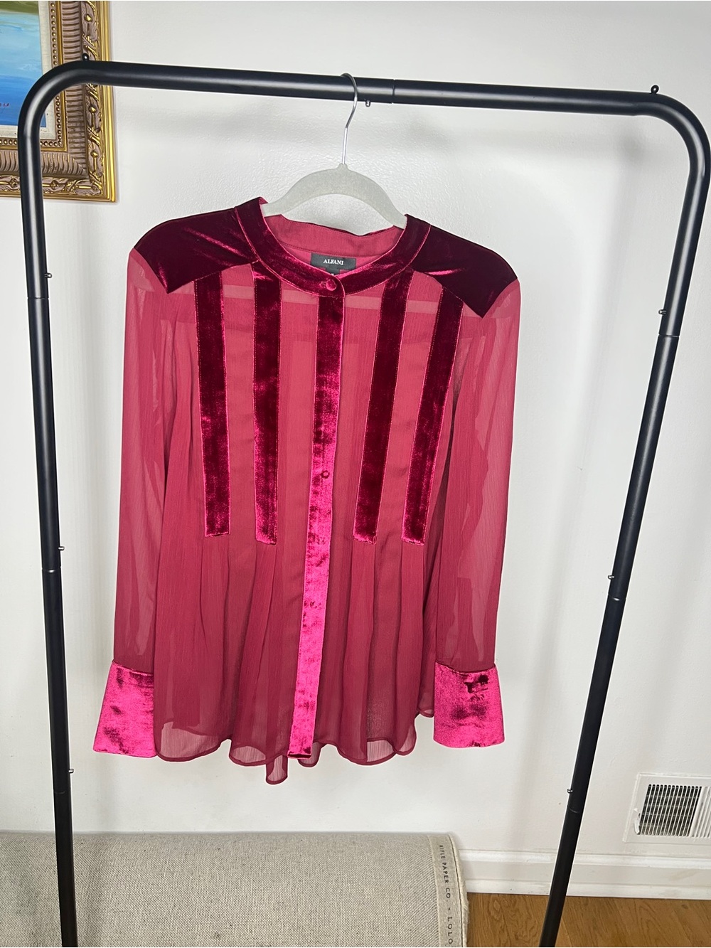 Alfani Sheer Velvet-Trim Button Front Blouse in Berry Pink